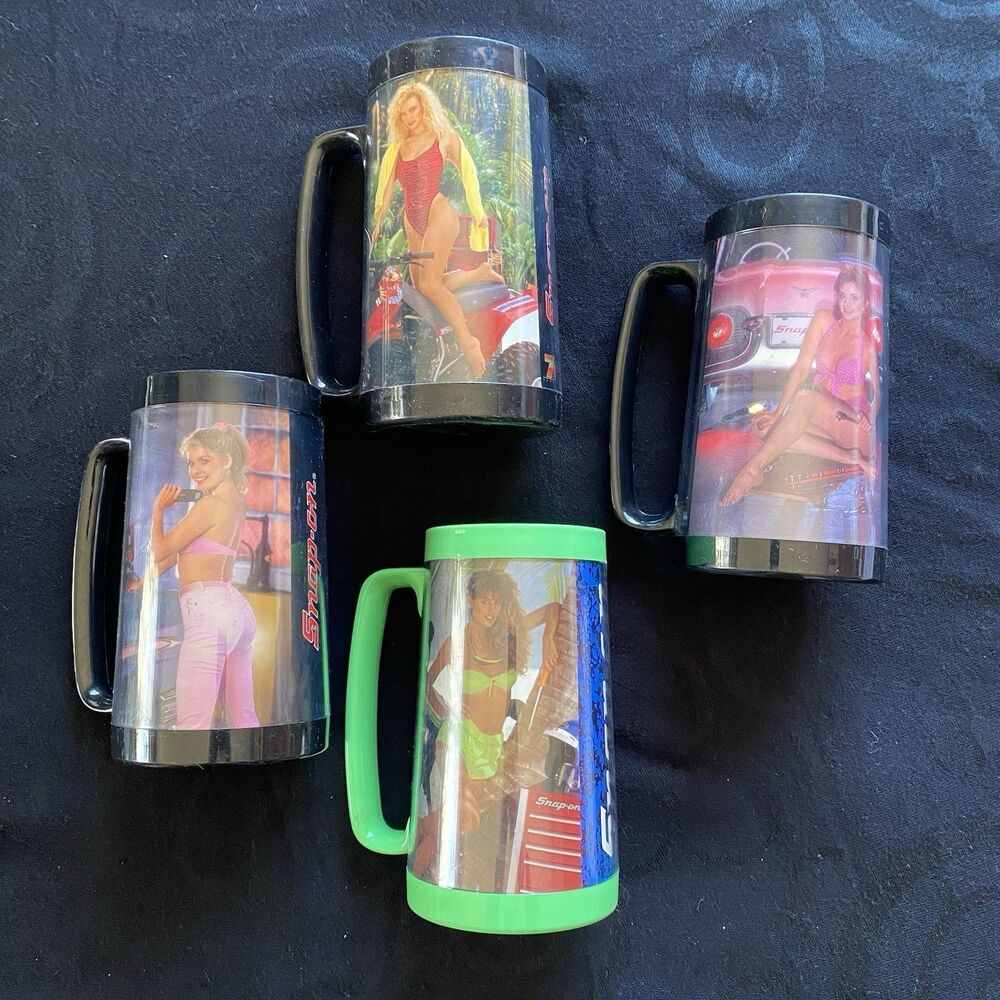 Vintage Snap-On Tools Pinup Girls Thermo-Serv Cups. Set Of 4! Handles.